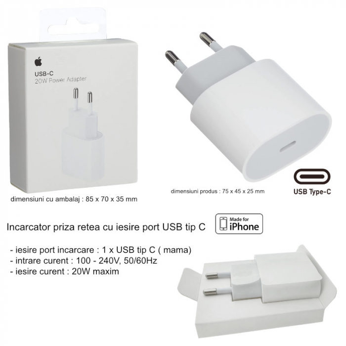 Incarcator 20W cu port USB-C, pentru Apple, A2347, priza retea EU, in blister, alb [6]