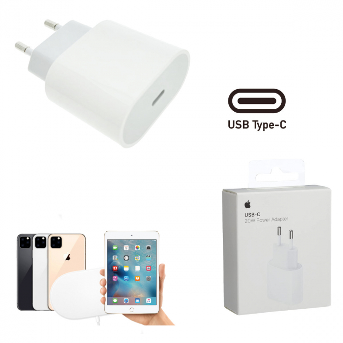 Incarcator 20W cu port USB-C, pentru Apple, A2347, priza retea EU, in blister, alb [4]