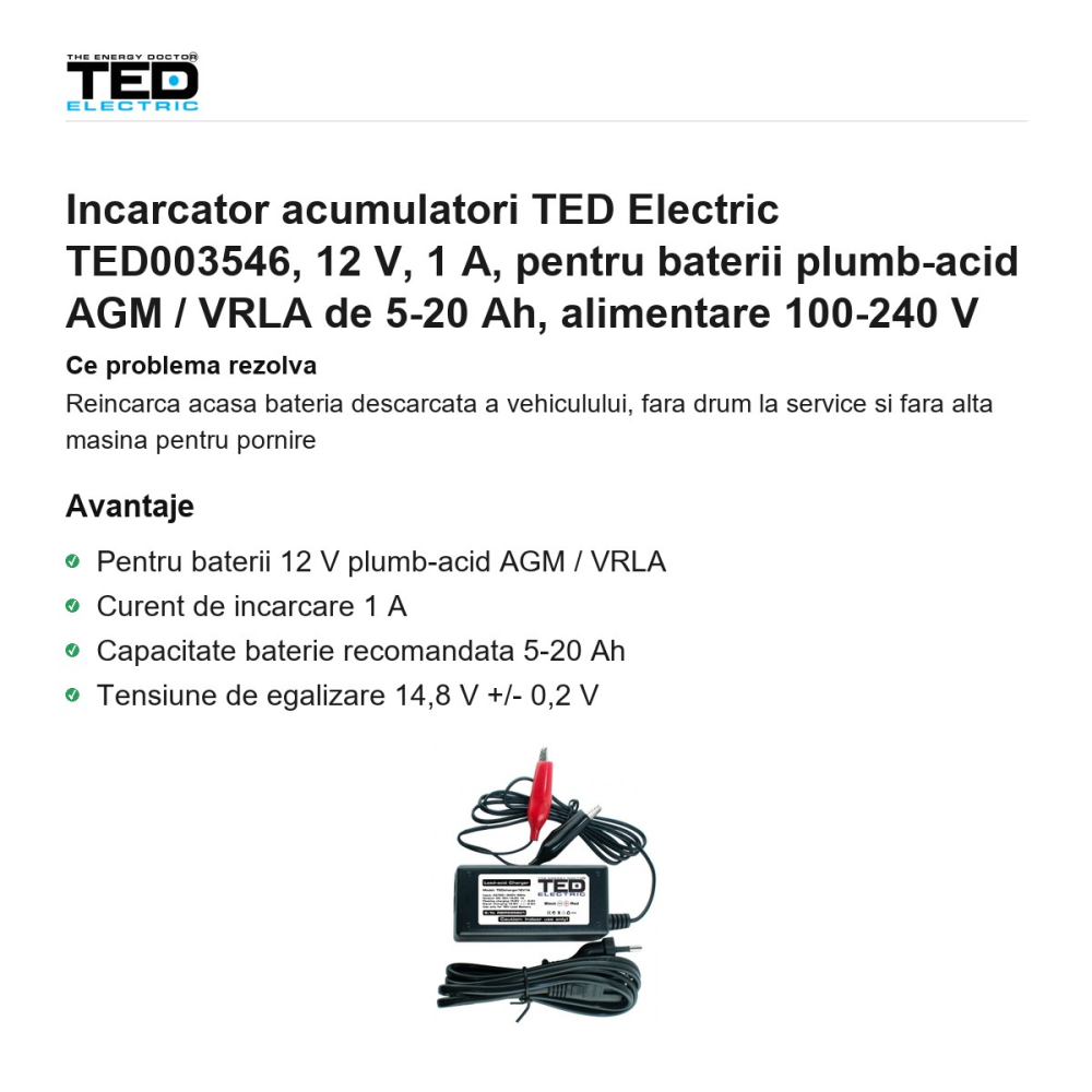 Incarcator acumulatori TED Electric TED003546, 12 V, 1 A, pentru baterii plumb-acid AGM / VRLA de 5-20 Ah, alimentare 100-240 V [2]