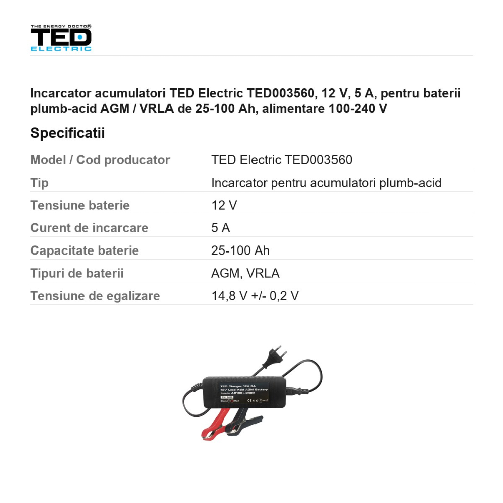 Incarcator acumulatori TED Electric TED003560, 12 V, 5 A, pentru baterii plumb-acid AGM / VRLA de 25-100 Ah, alimentare 100-240 V [3]