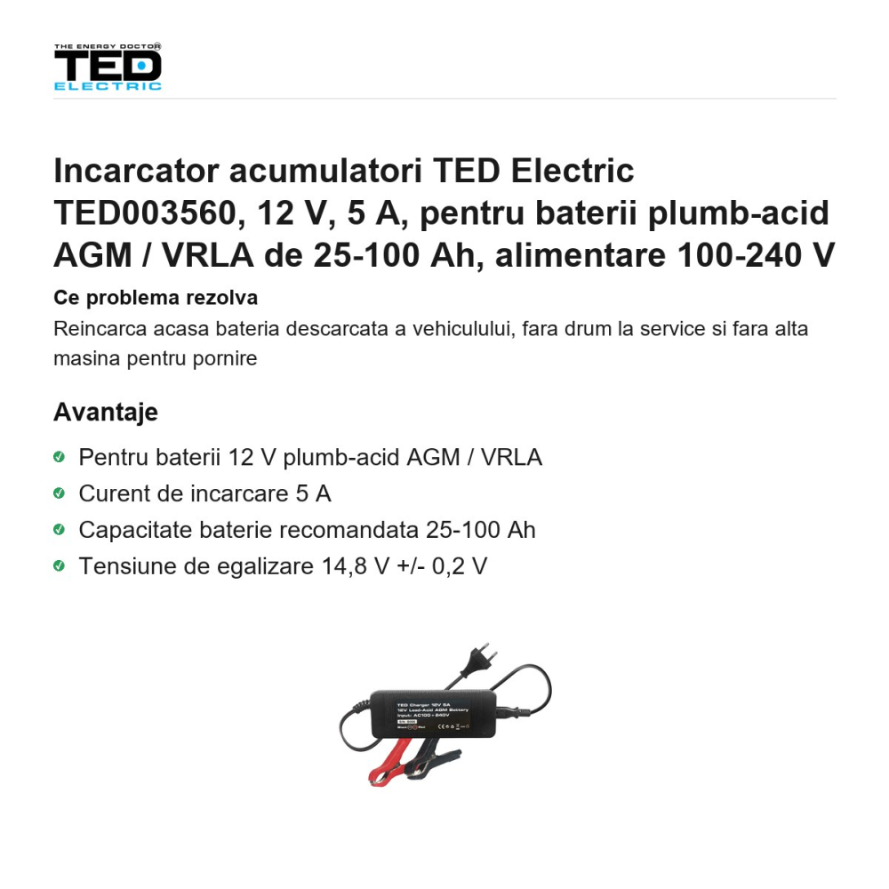 Incarcator acumulatori TED Electric TED003560, 12 V, 5 A, pentru baterii plumb-acid AGM / VRLA de 25-100 Ah, alimentare 100-240 V [2]