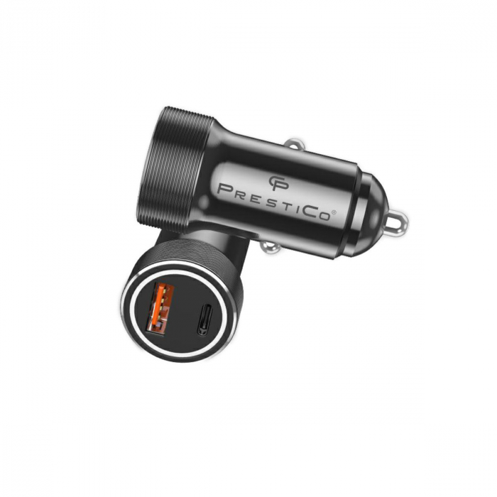 Incarcator auto 20W PrestiCo K2A, cu 2 porturi, 1x USB-C PD 20W si 1xUSB-A QC3.0, cu protectie, negru [3]