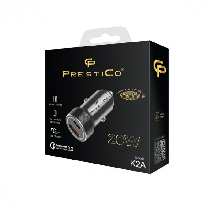 Incarcator auto 20W PrestiCo K2A, cu 2 porturi, 1x USB-C PD 20W si 1xUSB-A QC3.0, cu protectie, negru [4]