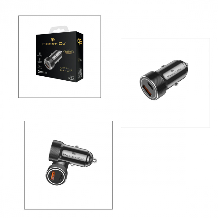 Incarcator auto 20W PrestiCo K2A, cu 2 porturi, 1x USB-C PD 20W si 1xUSB-A QC3.0, cu protectie, negru [5]