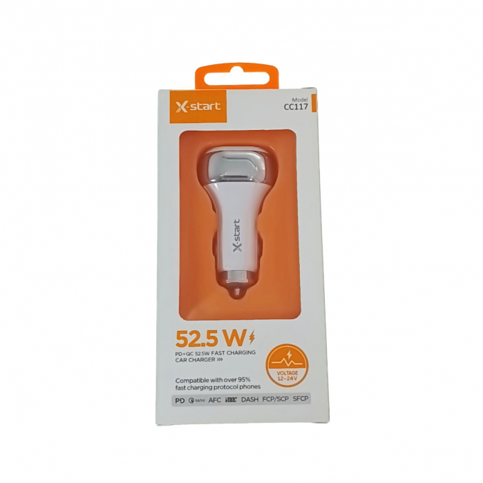 Incarcator auto 52.5W X-START CC117, cu 2 porturi, 1 x USB-C PD 30W, 1 x USB-A QC3.0, cu protectie, alb [3]