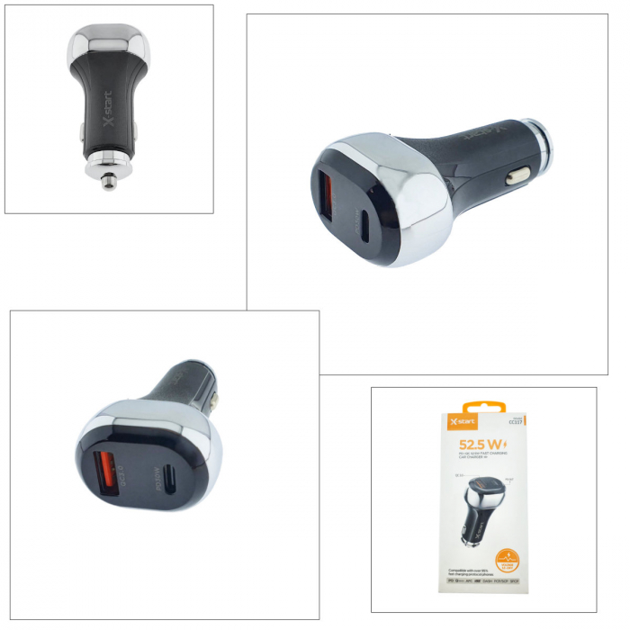 Incarcator auto 52.5W X-START CC117, cu 2 porturi, 1 x USB-C PD 30W, 1 x USB-A QC3.0, cu protectie, negru [5]