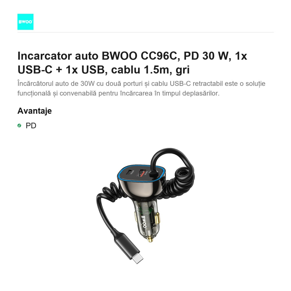 Incarcator auto BWOO CC96C, PD 30 W, 1x USB-C + 1x USB, cablu 1.5m, gri [2]