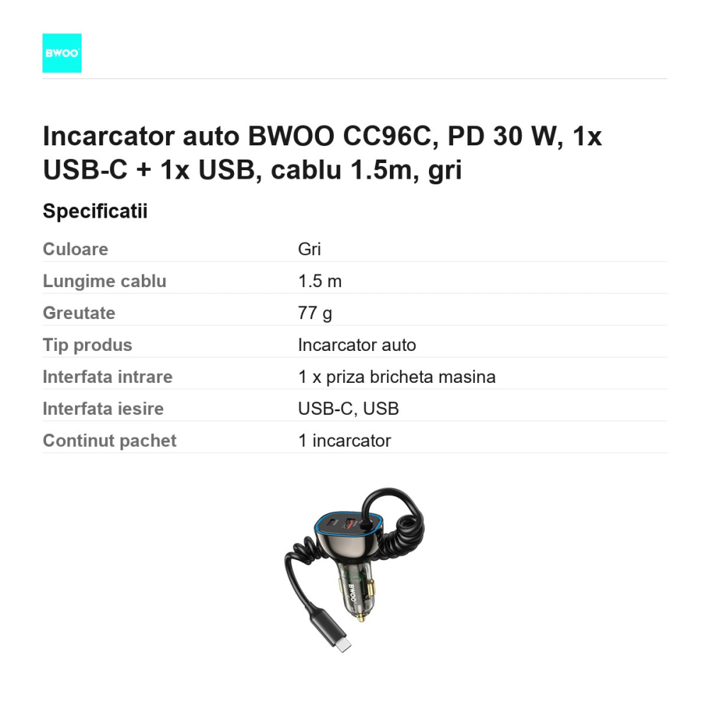Incarcator auto BWOO CC96C, PD 30 W, 1x USB-C + 1x USB, cablu 1.5m, gri [3]