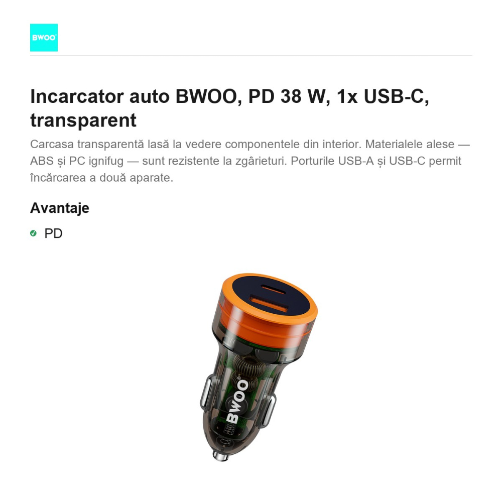 Incarcator auto BWOO, PD 38 W, 1x USB-C, transparent [2]