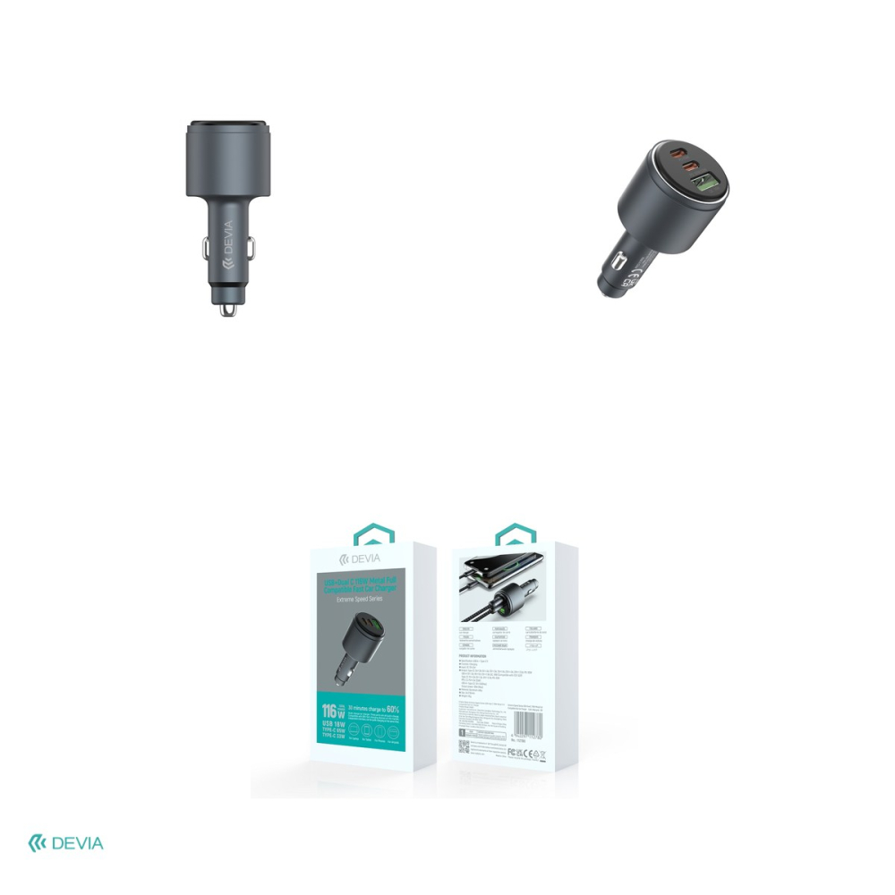 Incarcator auto Devia, PD QC 116 W, 1x USB + 2x USB-C, negru [4]