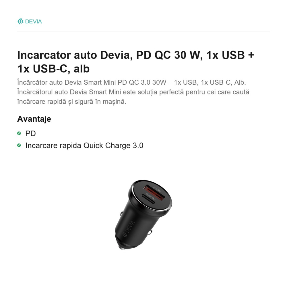 Incarcator auto Devia, PD QC 30 W, 1x USB + 1x USB-C, alb [2]