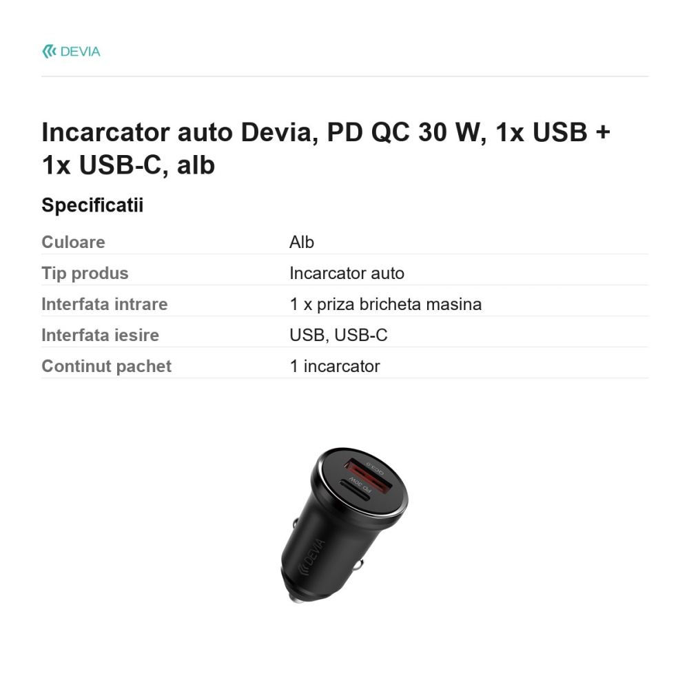 Incarcator auto Devia, PD QC 30 W, 1x USB + 1x USB-C, alb [3]