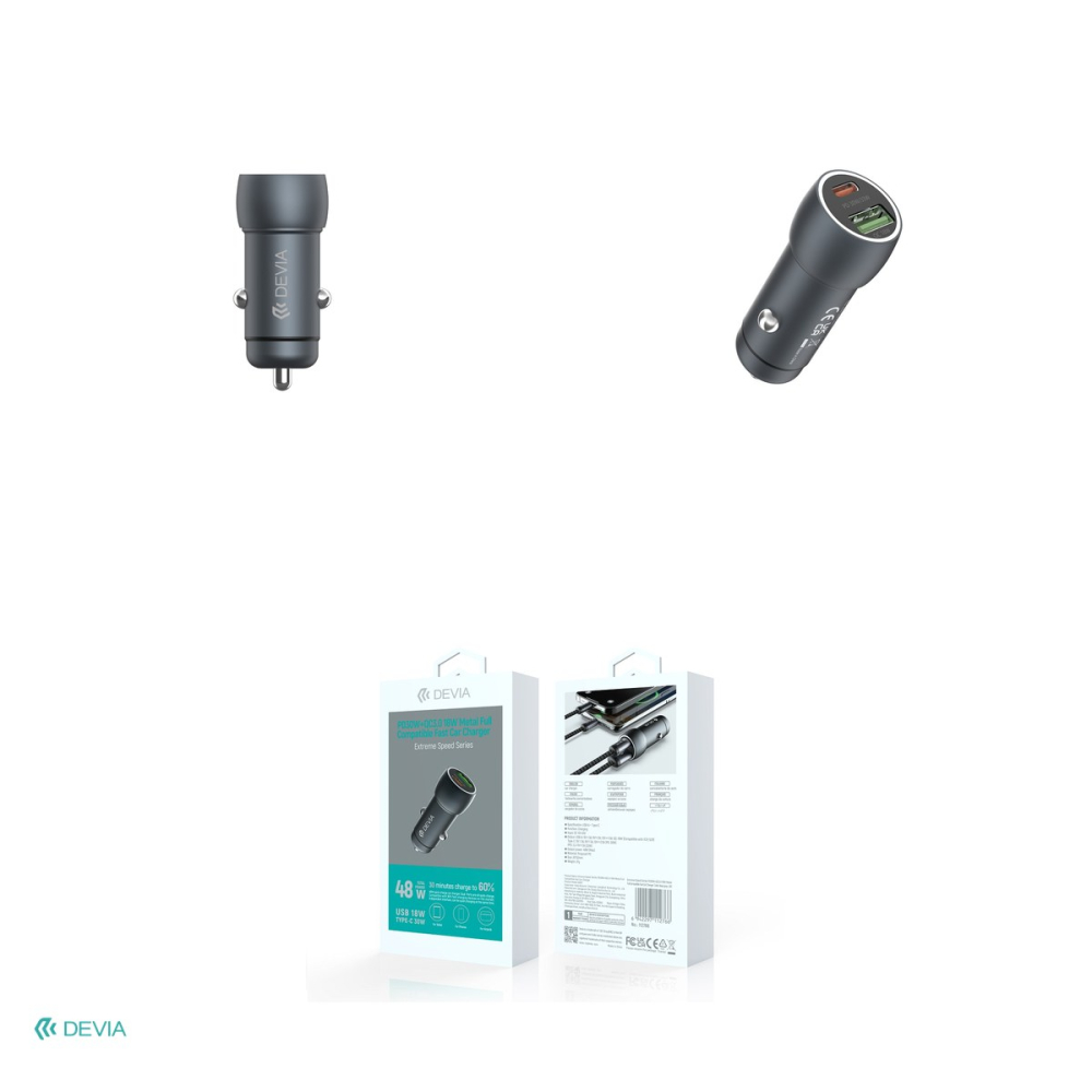 Incarcator auto Devia, PD QC 30 W, 1x USB + 1x USB-C, gri inchis [4]
