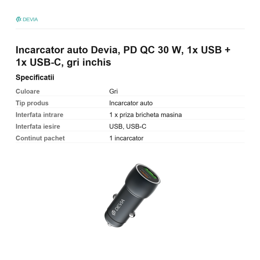 Incarcator auto Devia, PD QC 30 W, 1x USB + 1x USB-C, gri inchis [3]