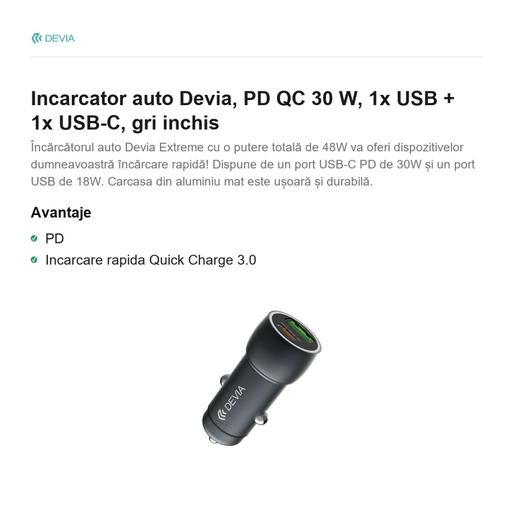 Incarcator auto Devia, PD QC 30 W, 1x USB + 1x USB-C, gri inchis [2]