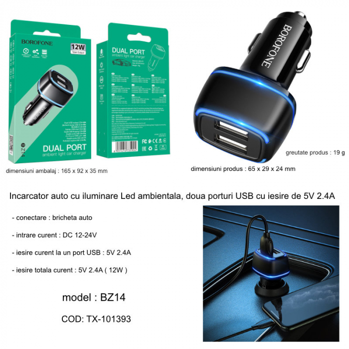 Incarcator auto dual USB, Borofone BZ14, DC 12-24V, 5V 2.4 A, cu iluminare LED ambientala, negru [5]