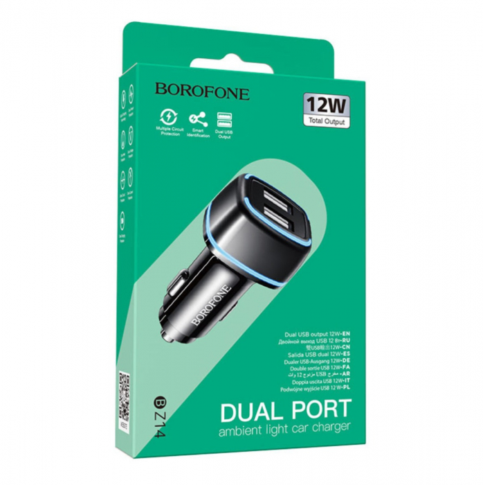 Incarcator auto dual USB, Borofone BZ14, DC 12-24V, 5V 2.4 A, cu iluminare LED ambientala, negru [4]