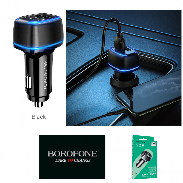 Incarcator auto dual USB, Borofone BZ14, DC 12-24V, 5V 2.4 A, cu iluminare LED ambientala, negru [3]