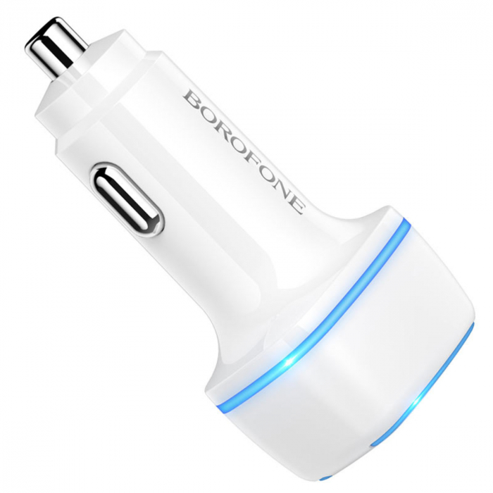 Incarcator auto dual USB, Borofone BZ14 Max Dual, DC 12-24V, 5V 2.4 A, cu iluminare LED ambientala, alb [3]