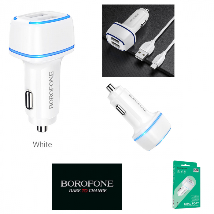 Incarcator auto dual USB, Borofone BZ14 Max Dual, DC 12-24V, 5V 2.4 A, cu iluminare LED ambientala, alb [4]
