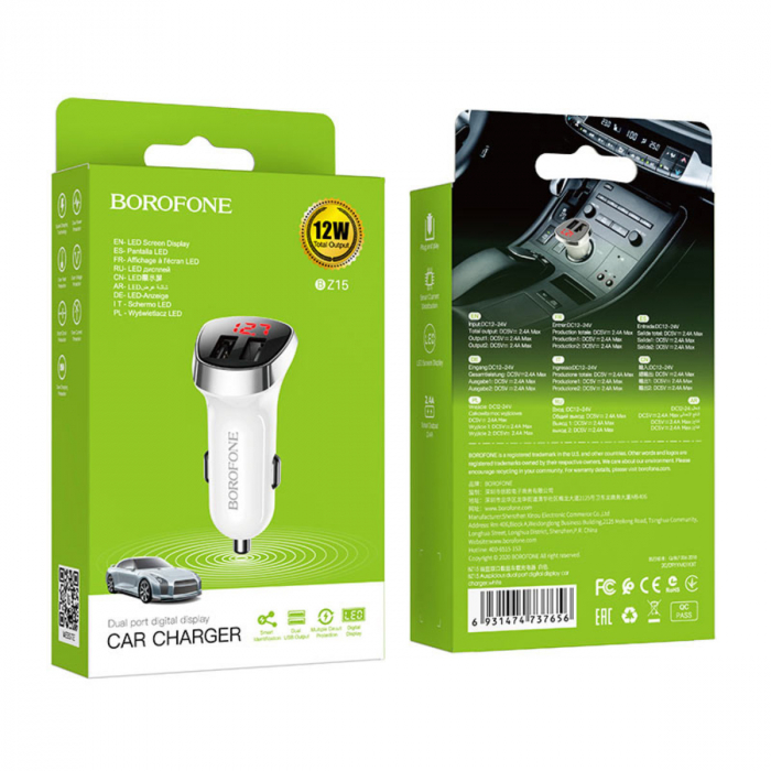 Incarcator auto dual USB, cu afisaj LED, Borofone BZ15, DC 12-24V, 5V 2.4 A, alb [5]
