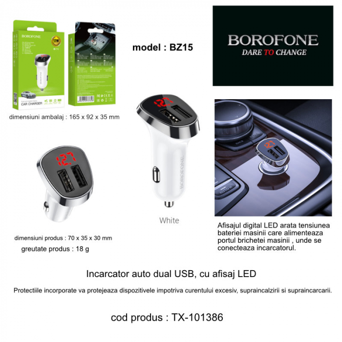 Incarcator auto dual USB, cu afisaj LED, Borofone BZ15, DC 12-24V, 5V 2.4 A, alb [6]