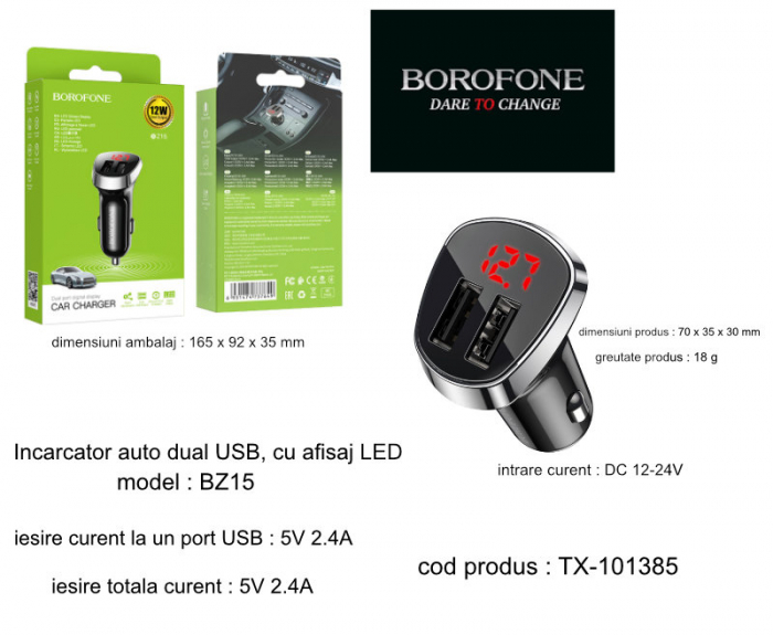 Incarcator auto dual USB, cu afisaj LED, Borofone BZ15, DC 12-24V, 5V 2.4 A, negru [5]