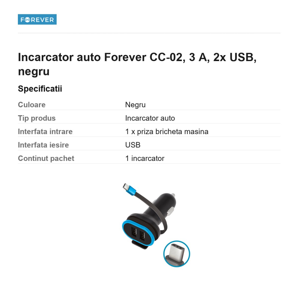 Incarcator auto Forever CC-02, 3 A, 2x USB, negru [3]