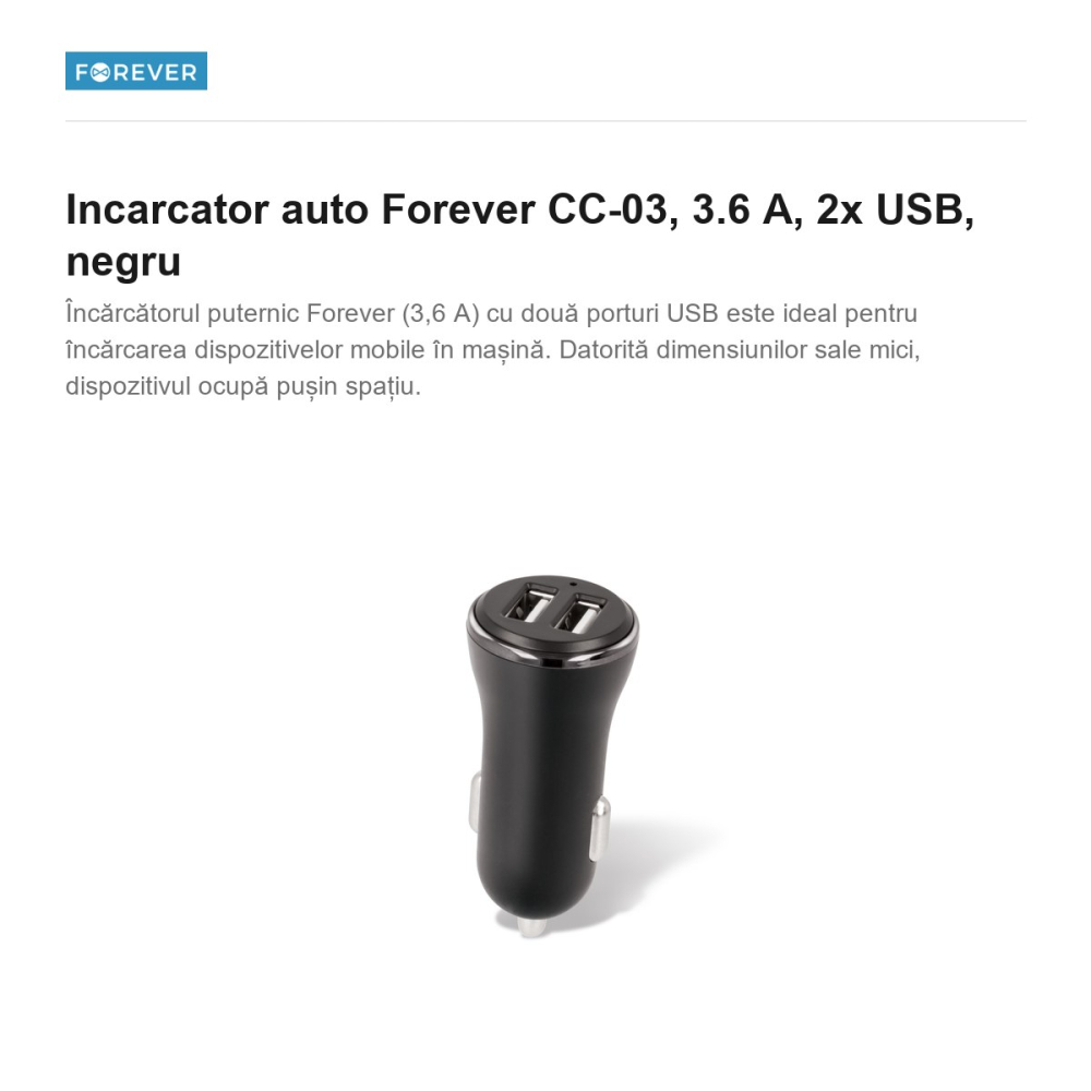 Incarcator auto Forever CC-03, 3.6 A, 2x USB, negru [2]