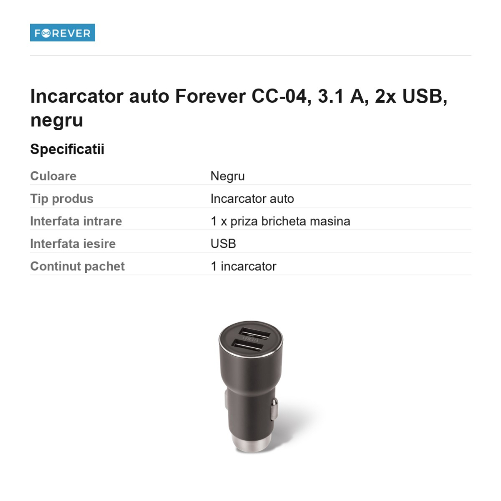 Incarcator auto Forever CC-04, 3.1 A, 2x USB, negru [3]