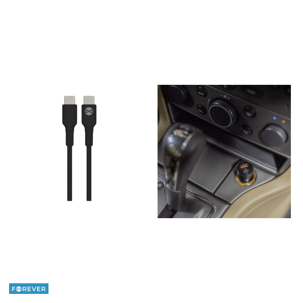 Incarcator auto Forever CC-06, PD QC 20 W, 1x USB-C + 1x USB, cu cablu USB-C - USB-C, negru [5]