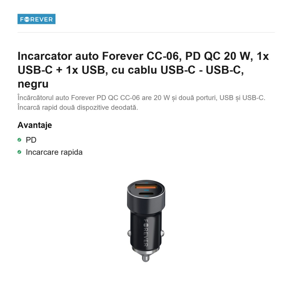 Incarcator auto Forever CC-06, PD QC 20 W, 1x USB-C + 1x USB, cu cablu USB-C - USB-C, negru [2]