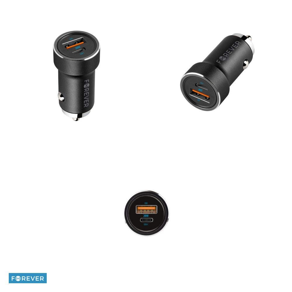 Incarcator auto Forever CC-06, PD QC 20 W, 1x USB-C + 1x USB, cu cablu USB-C - USB-C, negru [4]