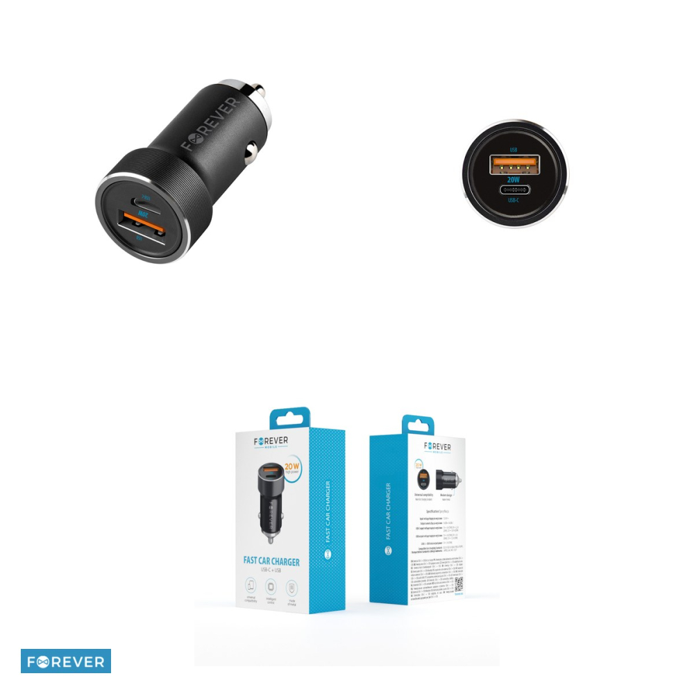 Incarcator auto Forever CC-06, PD QC 20 W, 1x USB-C + 1x USB, negru [4]
