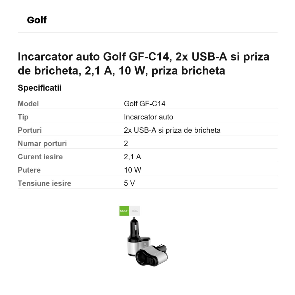 Incarcator auto Golf GF-C14, 2x USB-A si priza de bricheta, 2,1 A, 10 W, priza bricheta [3]