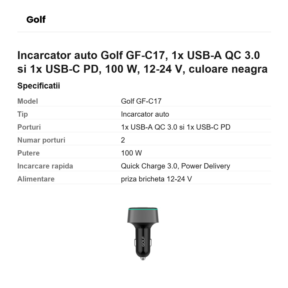 Incarcator auto Golf GF-C17, 1x USB-A QC 3.0 si 1x USB-C PD, 100 W, 12-24 V, culoare neagra [3]