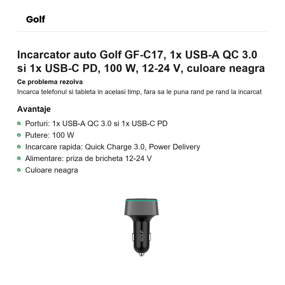 Incarcator auto Golf GF-C17, 1x USB-A QC 3.0 si 1x USB-C PD, 100 W, 12-24 V, culoare neagra [2]
