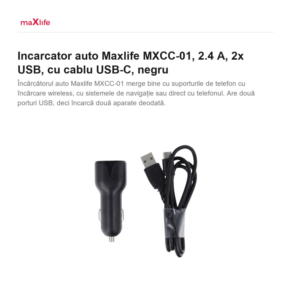 Incarcator auto Maxlife MXCC-01, 2.4 A, 2x USB, cu cablu USB-C, negru [2]
