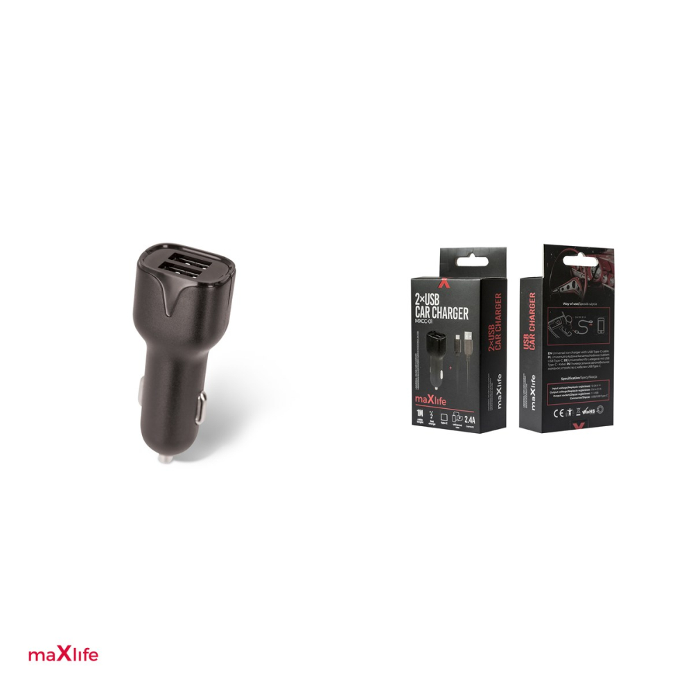 Incarcator auto Maxlife MXCC-01, 2.4 A, 2x USB, cu cablu USB-C, negru [4]