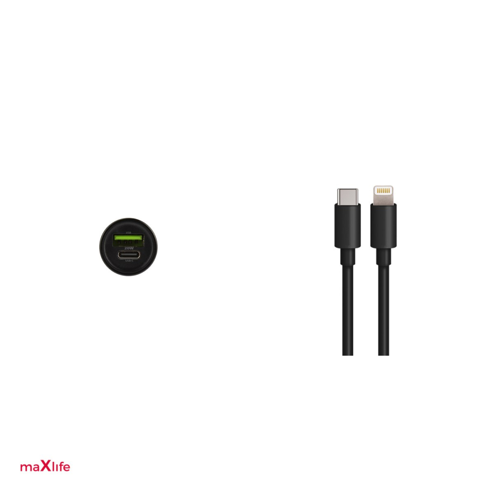 Incarcator auto Maxlife MXCC-04, PD QC 20 W, 1x USB-C + 1x USB, cu cablu USB-C - Lightning, negru [5]