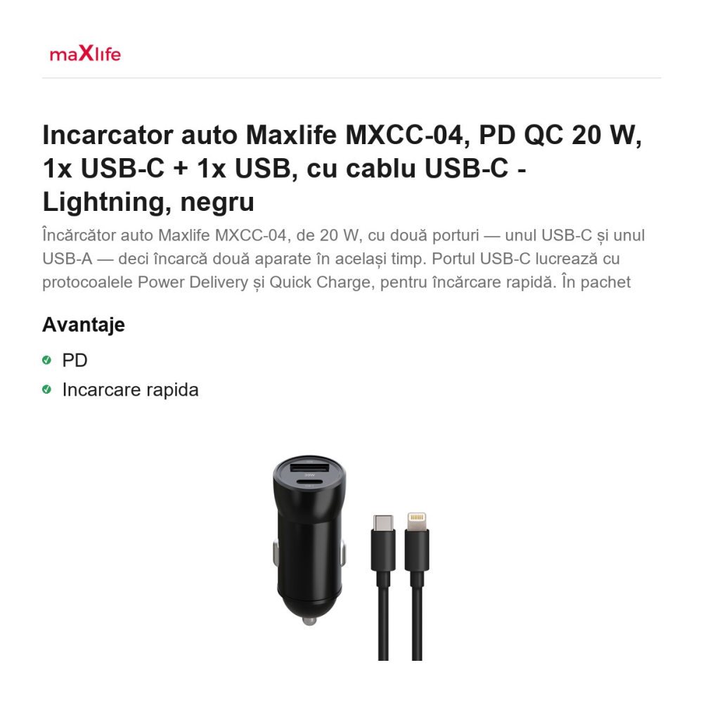 Incarcator auto Maxlife MXCC-04, PD QC 20 W, 1x USB-C + 1x USB, cu cablu USB-C - Lightning, negru [2]