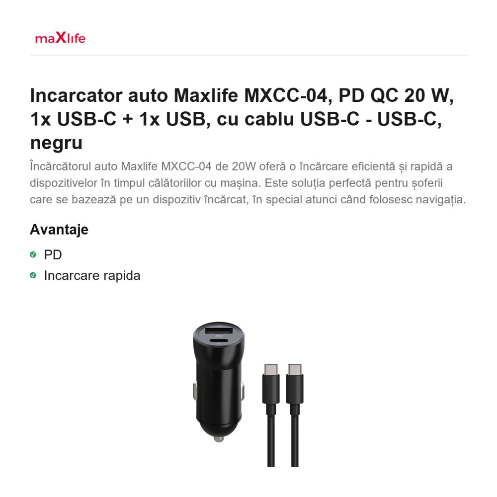 Incarcator auto Maxlife MXCC-04, PD QC 20 W, 1x USB-C + 1x USB, cu cablu USB-C - USB-C, negru [2]