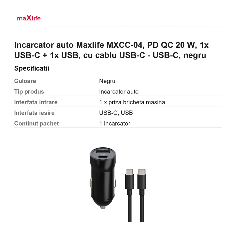 Incarcator auto Maxlife MXCC-04, PD QC 20 W, 1x USB-C + 1x USB, cu cablu USB-C - USB-C, negru [3]