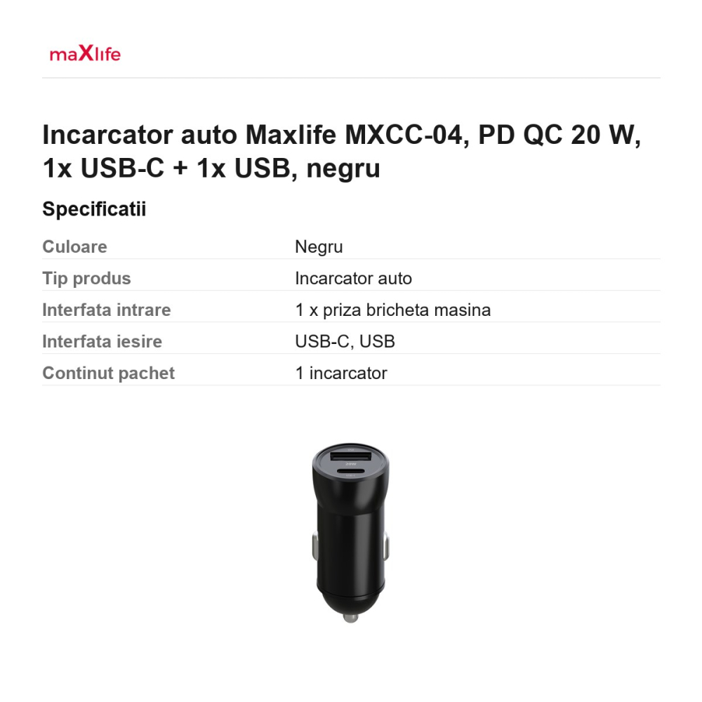 Incarcator auto Maxlife MXCC-04, PD QC 20 W, 1x USB-C + 1x USB, negru [3]