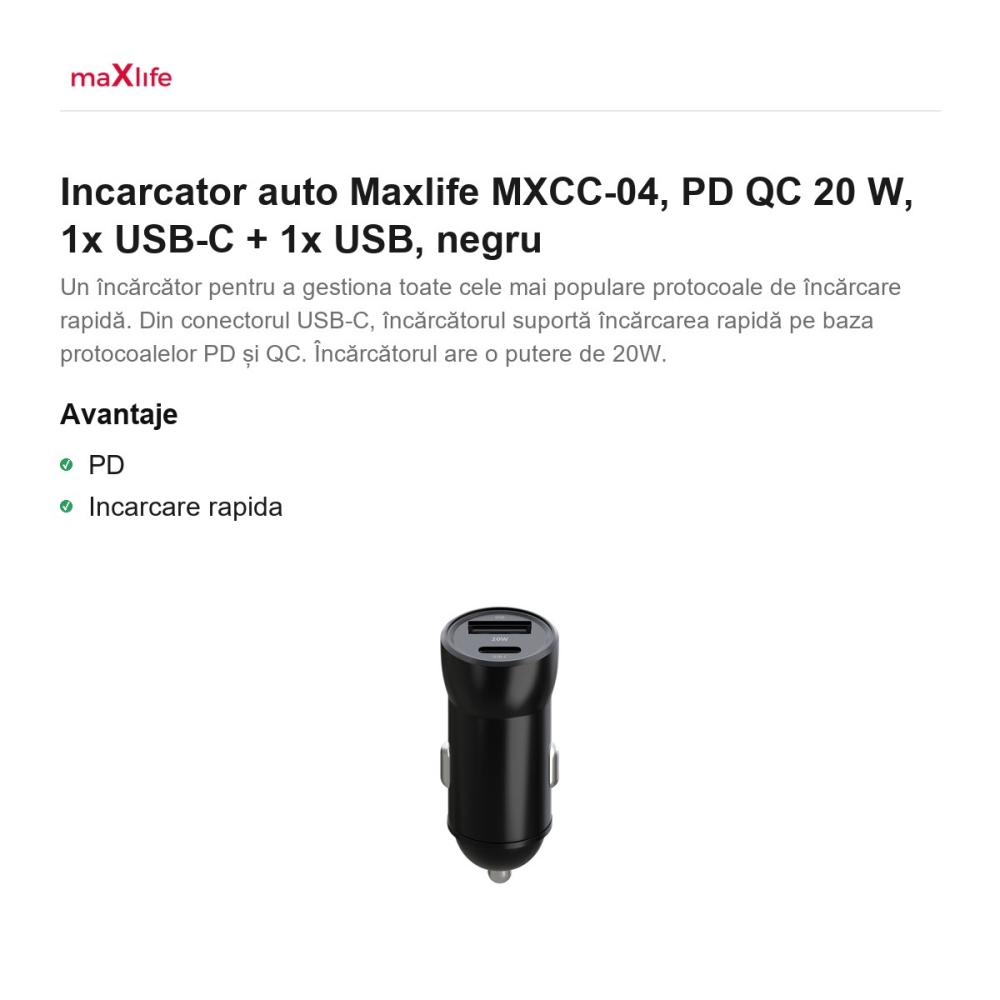 Incarcator auto Maxlife MXCC-04, PD QC 20 W, 1x USB-C + 1x USB, negru [2]