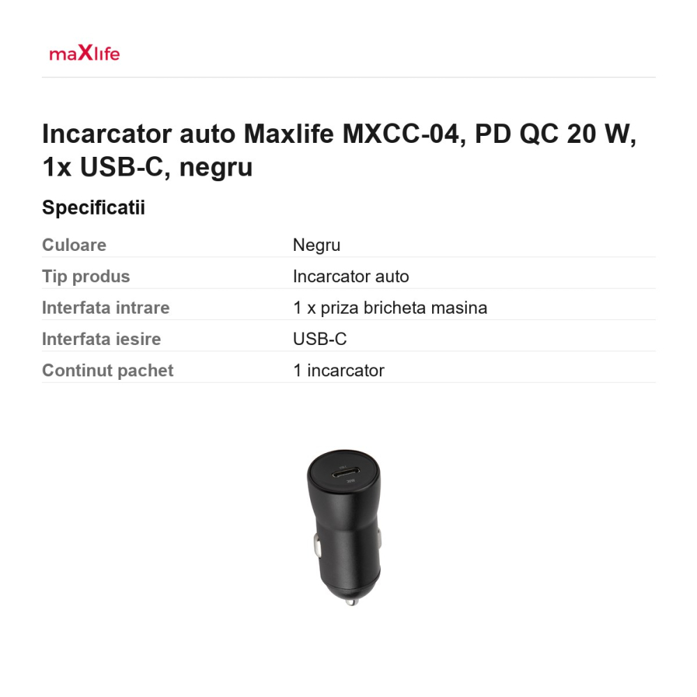 Incarcator auto Maxlife MXCC-04, PD QC 20 W, 1x USB-C, negru [3]