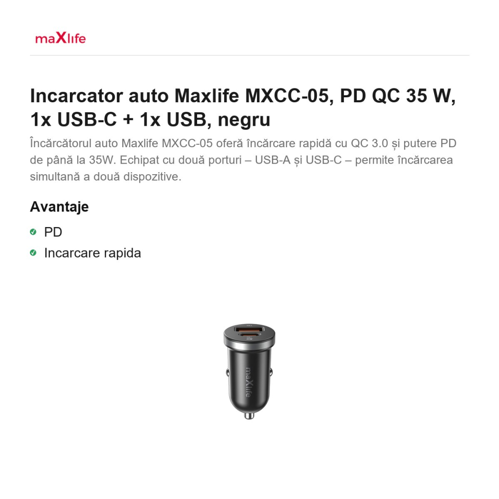 Incarcator auto Maxlife MXCC-05, PD QC 35 W, 1x USB-C + 1x USB, negru [2]