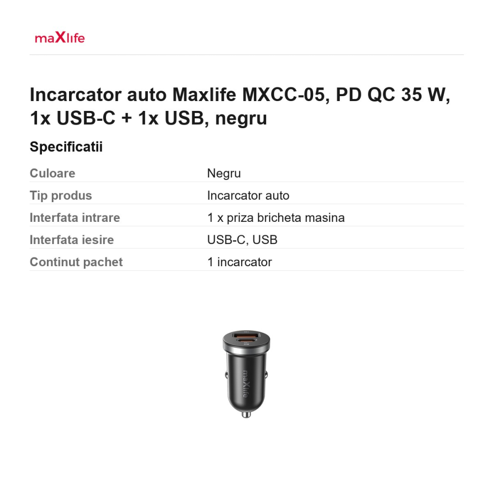 Incarcator auto Maxlife MXCC-05, PD QC 35 W, 1x USB-C + 1x USB, negru [3]