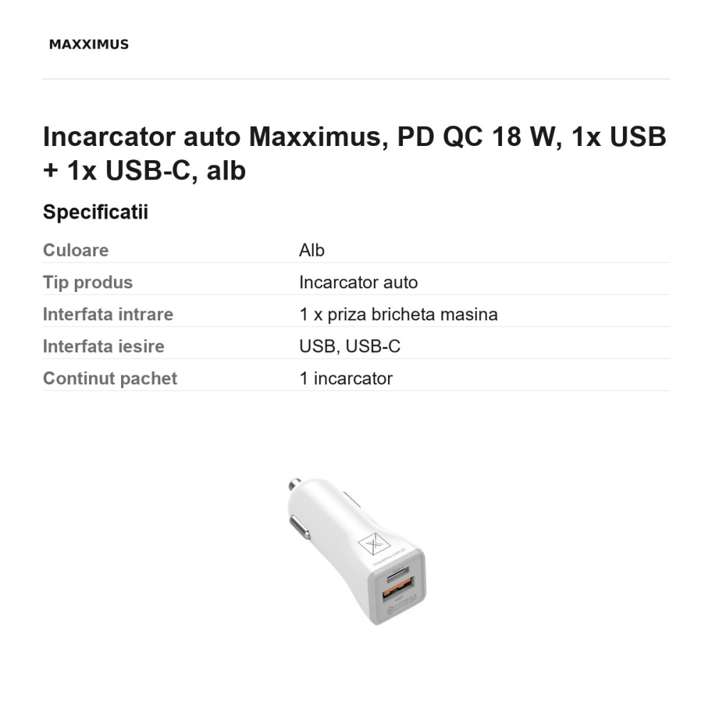 Incarcator auto Maxximus, PD QC 18 W, 1x USB + 1x USB-C, alb [3]