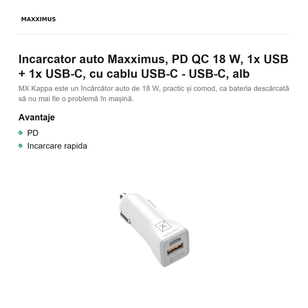 Incarcator auto Maxximus, PD QC 18 W, 1x USB + 1x USB-C, cu cablu USB-C - USB-C, alb [2]